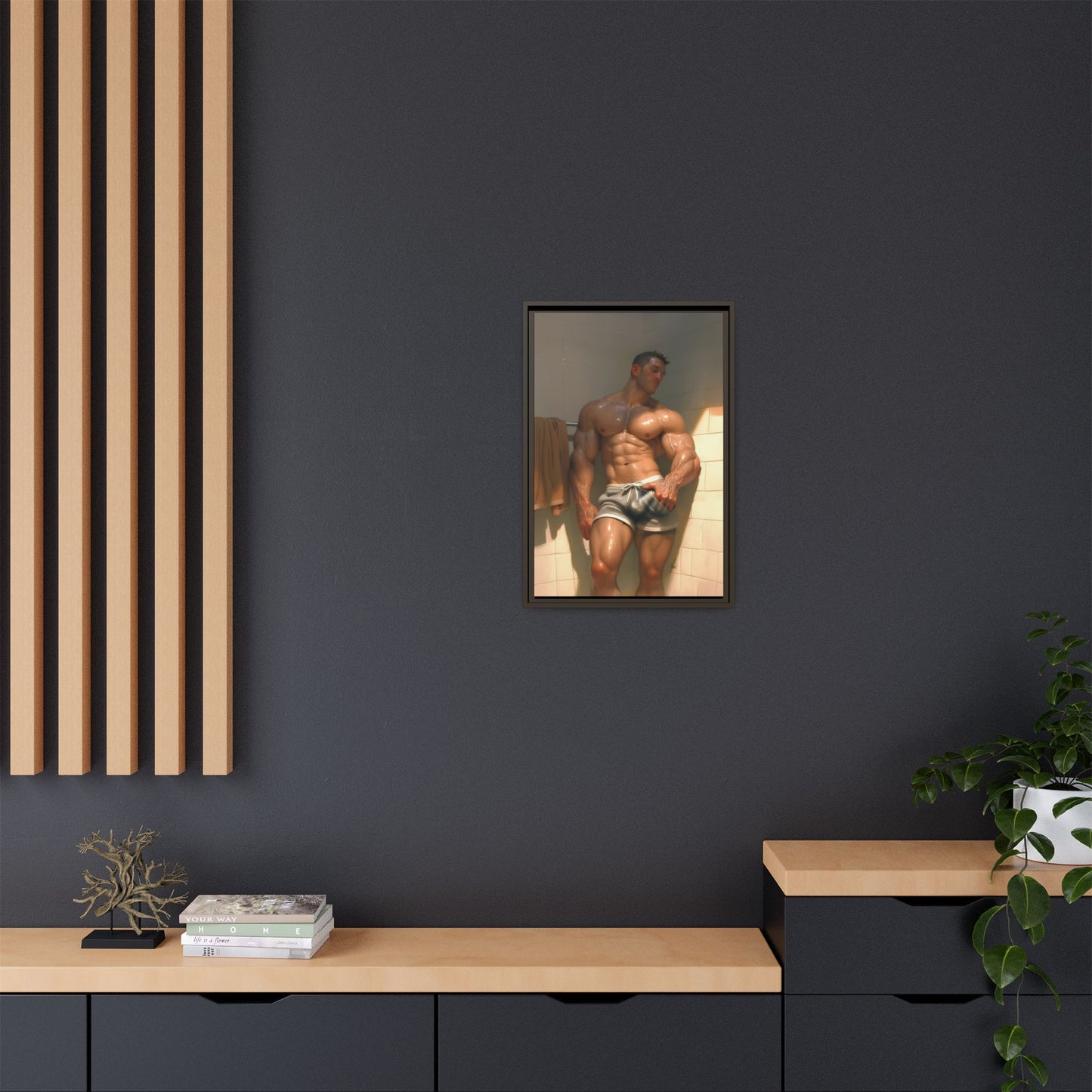 Before the Shower / Cartoon Muscle Man Framed Canvas Print