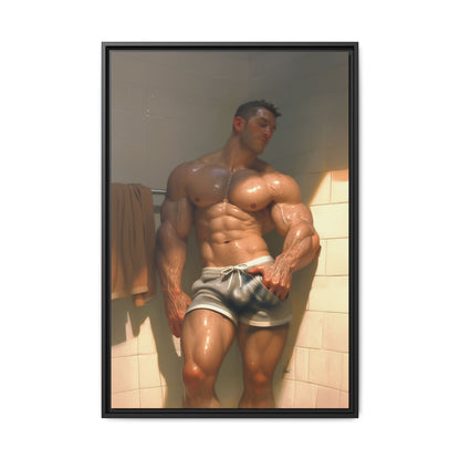 Before the Shower / Cartoon Muscle Man Framed Canvas Print