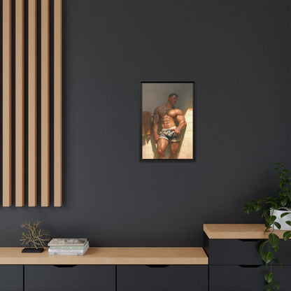 Before the Shower / Cartoon Muscle Man Framed Canvas Print
