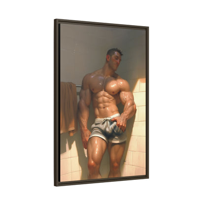 Before the Shower / Cartoon Muscle Man Framed Canvas Print