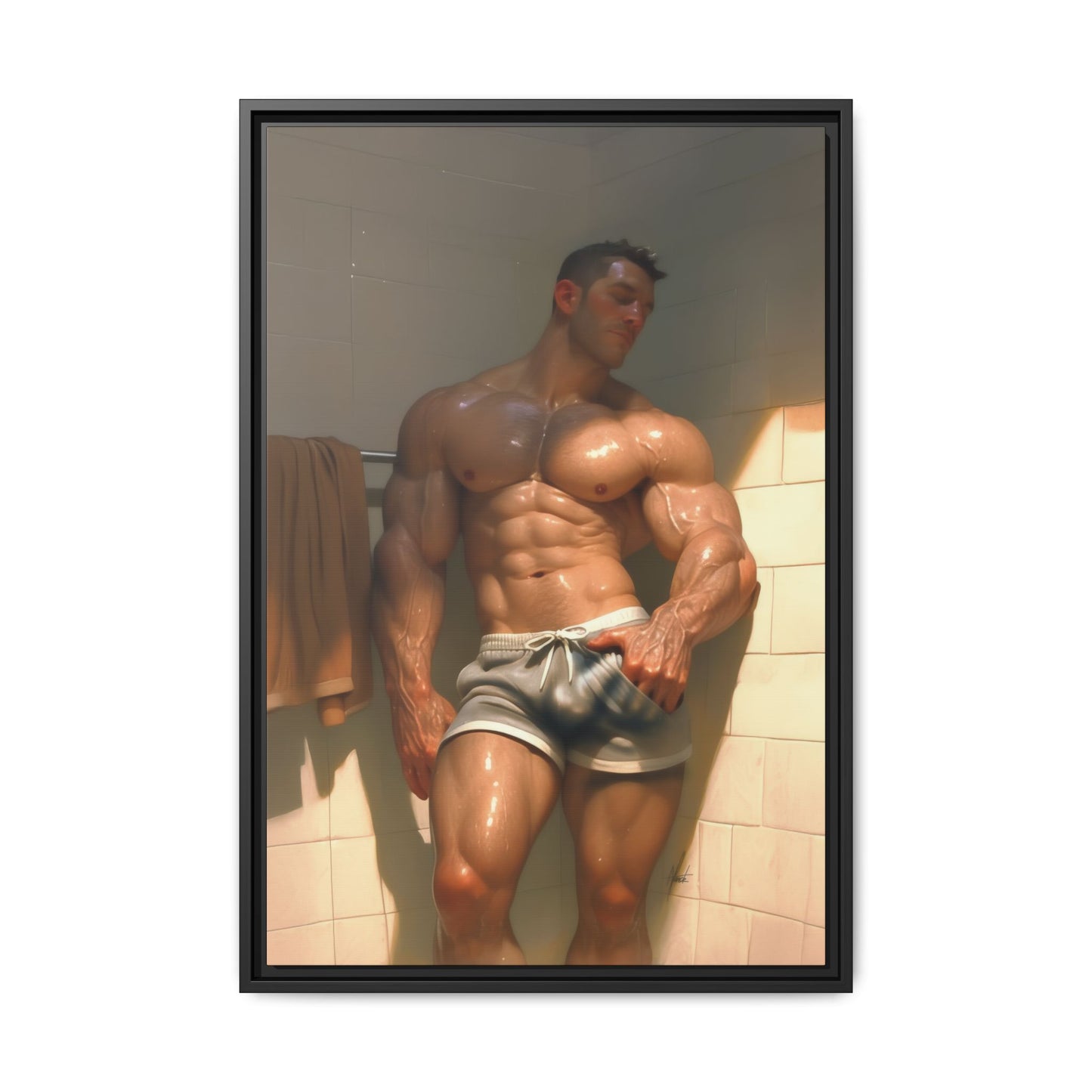 Before the Shower / Cartoon Muscle Man Framed Canvas Print