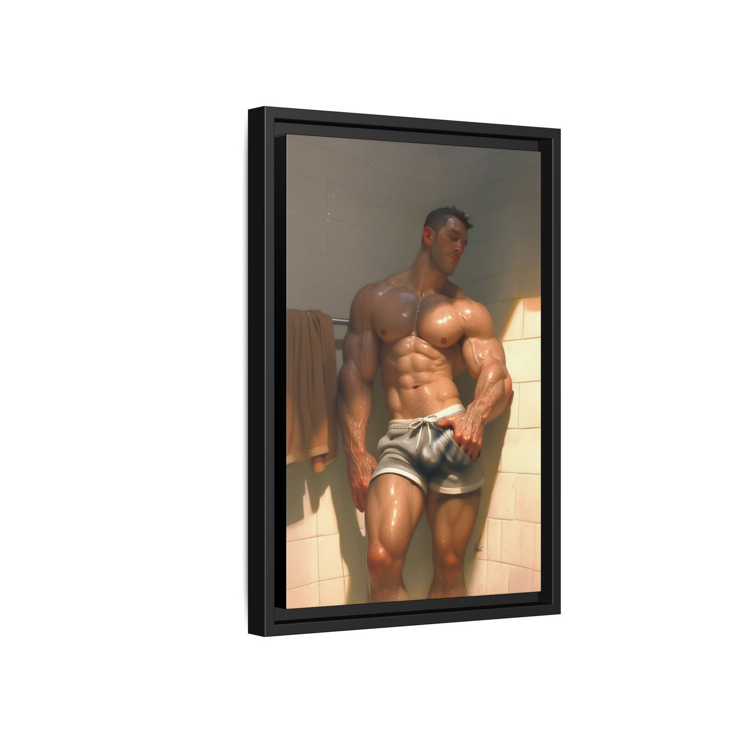 Before the Shower / Cartoon Muscle Man Framed Canvas Print