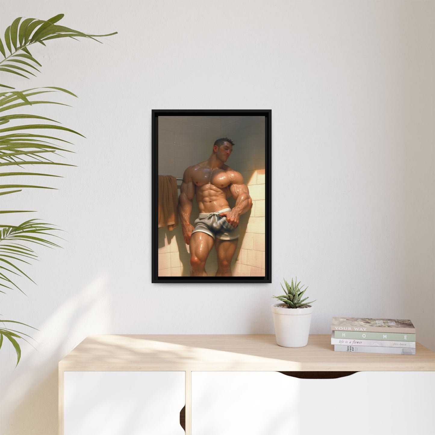 Before the Shower / Cartoon Muscle Man Framed Canvas Print