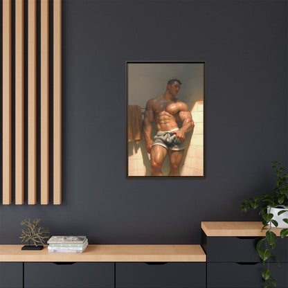 Before the Shower / Cartoon Muscle Man Framed Canvas Print