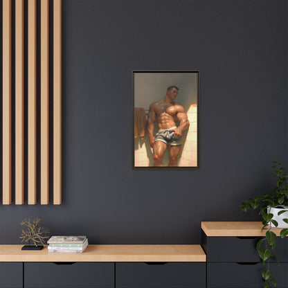 Before the Shower / Cartoon Muscle Man Framed Canvas Print