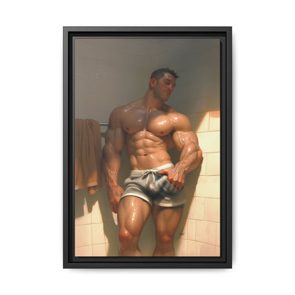Before the Shower / Cartoon Muscle Man Framed Canvas Print