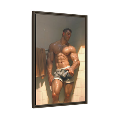 Before the Shower / Cartoon Muscle Man Framed Canvas Print