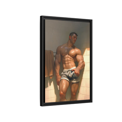 Before the Shower / Cartoon Muscle Man Framed Canvas Print