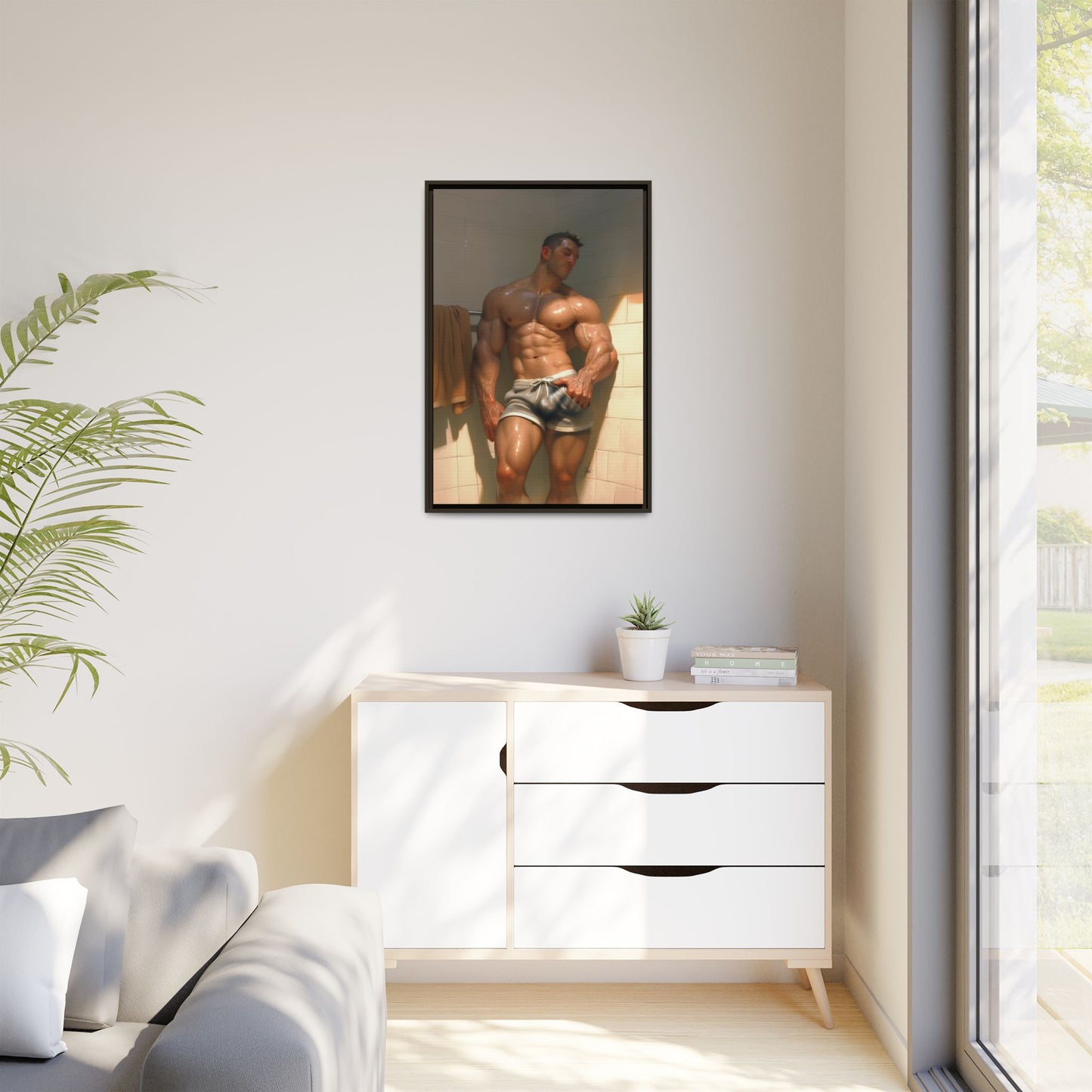 Before the Shower / Cartoon Muscle Man Framed Canvas Print