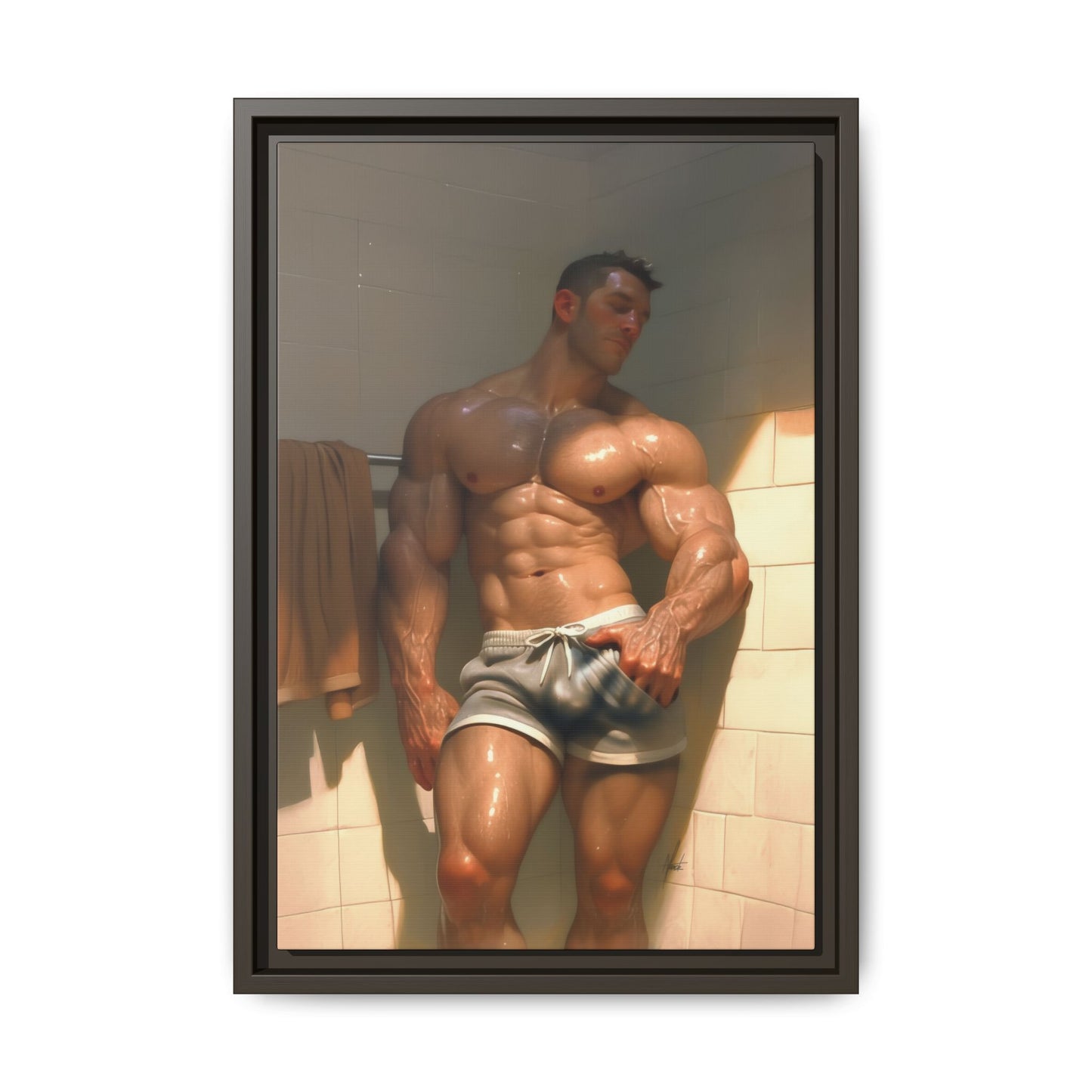 Before the Shower / Cartoon Muscle Man Framed Canvas Print