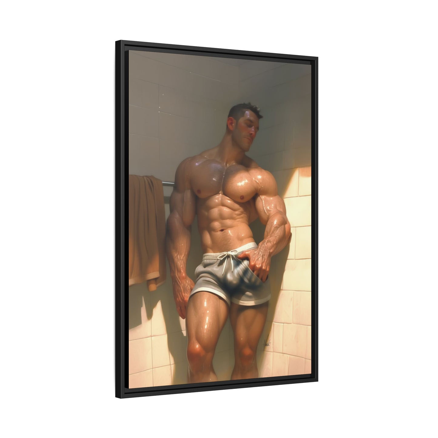 Before the Shower / Cartoon Muscle Man Framed Canvas Print