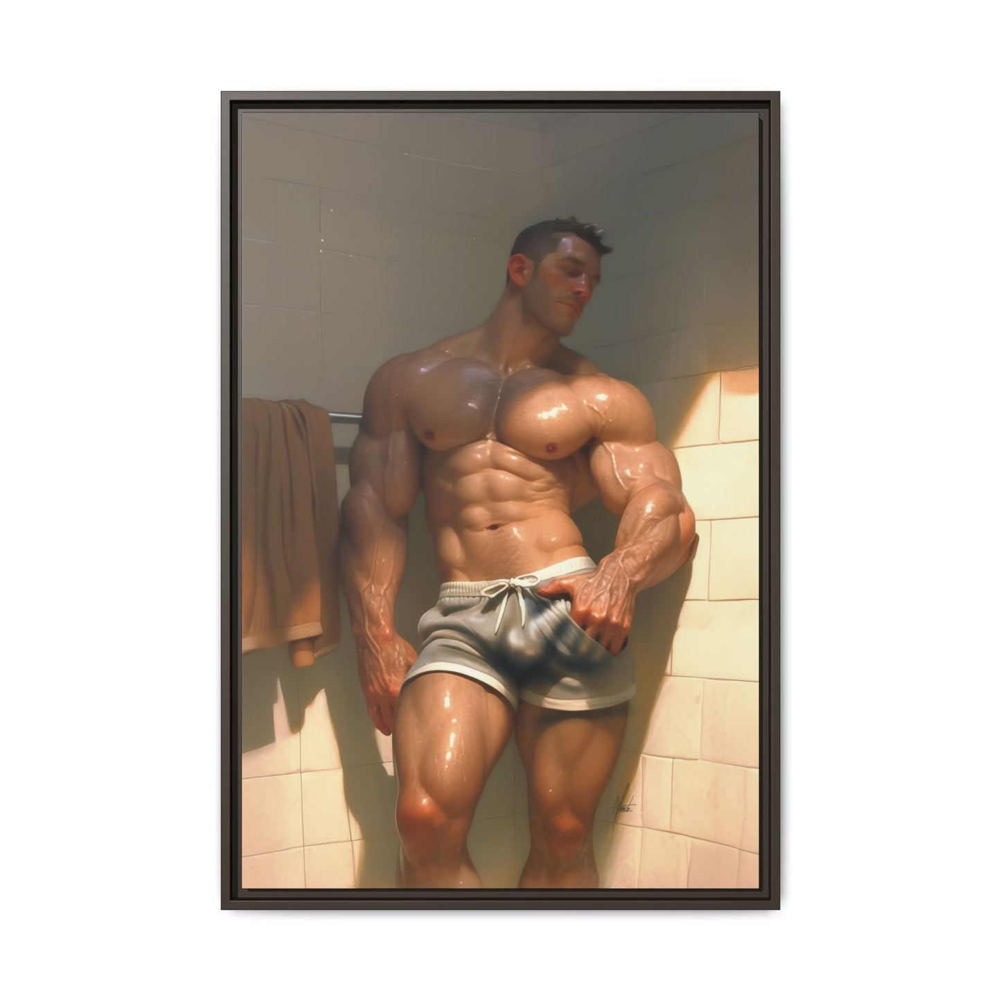 Before the Shower / Cartoon Muscle Man Framed Canvas Print