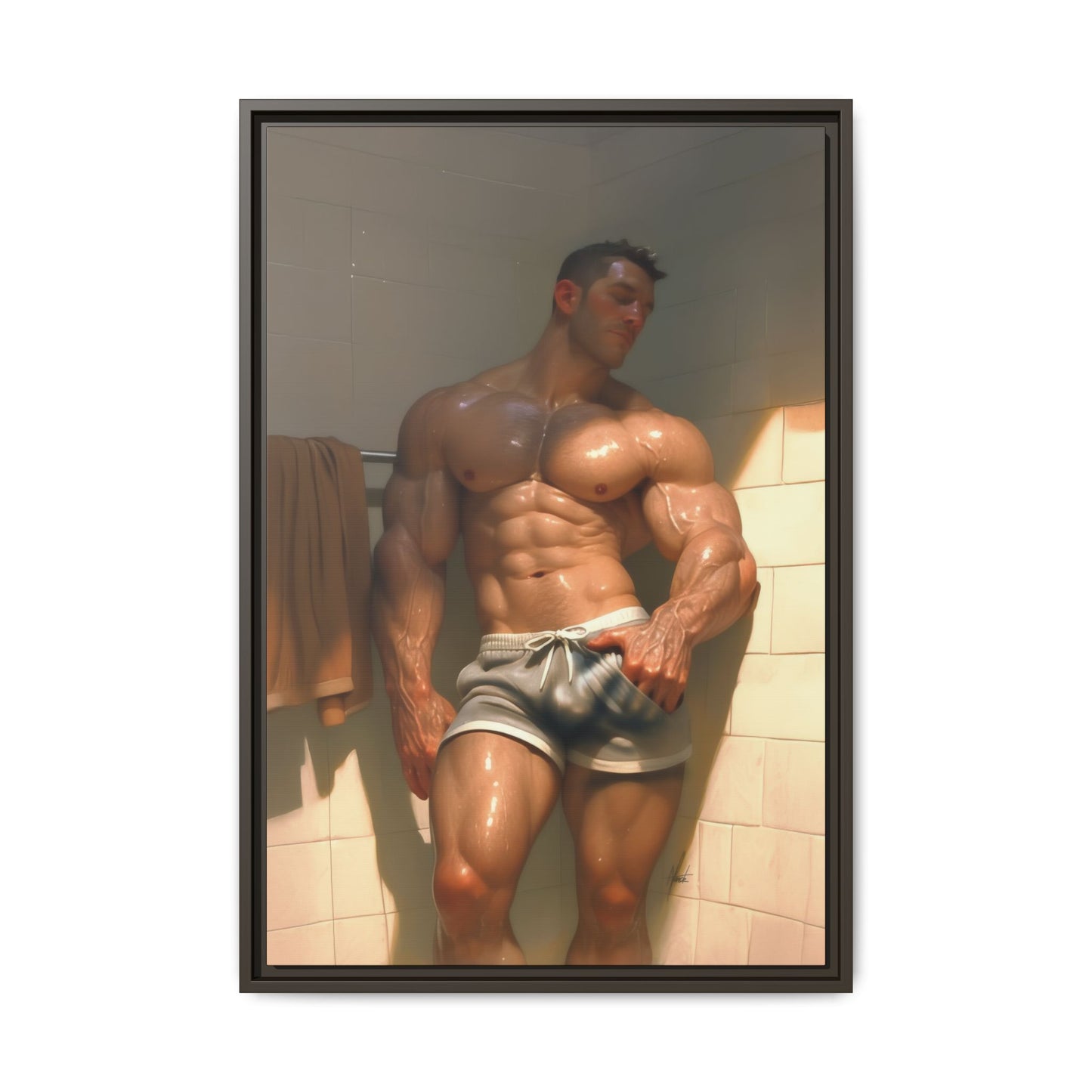 Before the Shower / Cartoon Muscle Man Framed Canvas Print