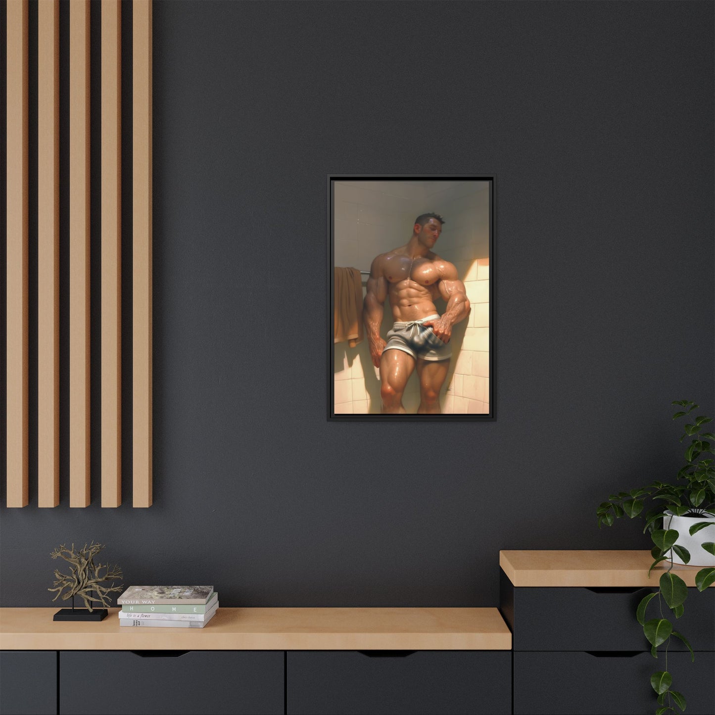 Before the Shower / Cartoon Muscle Man Framed Canvas Print