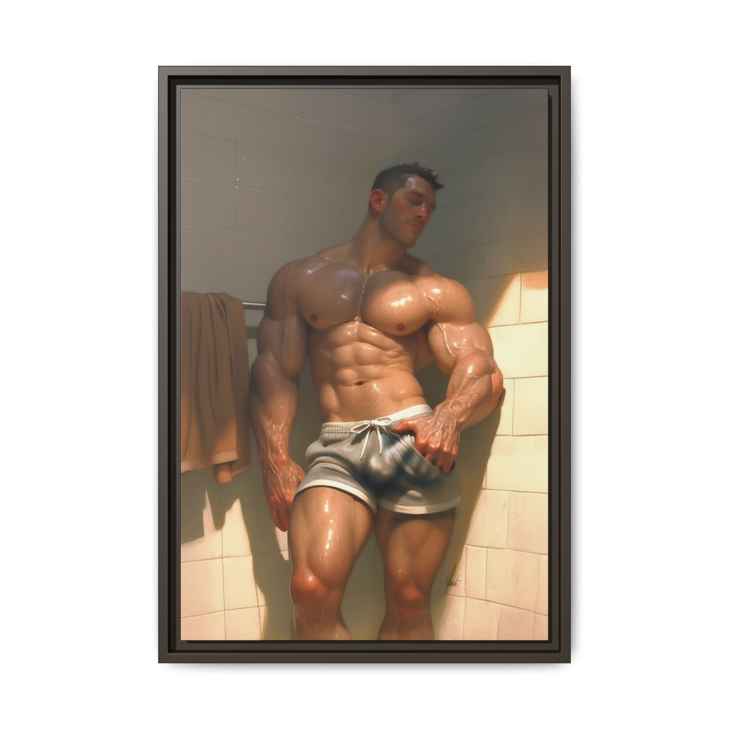 Before the Shower / Cartoon Muscle Man Framed Canvas Print