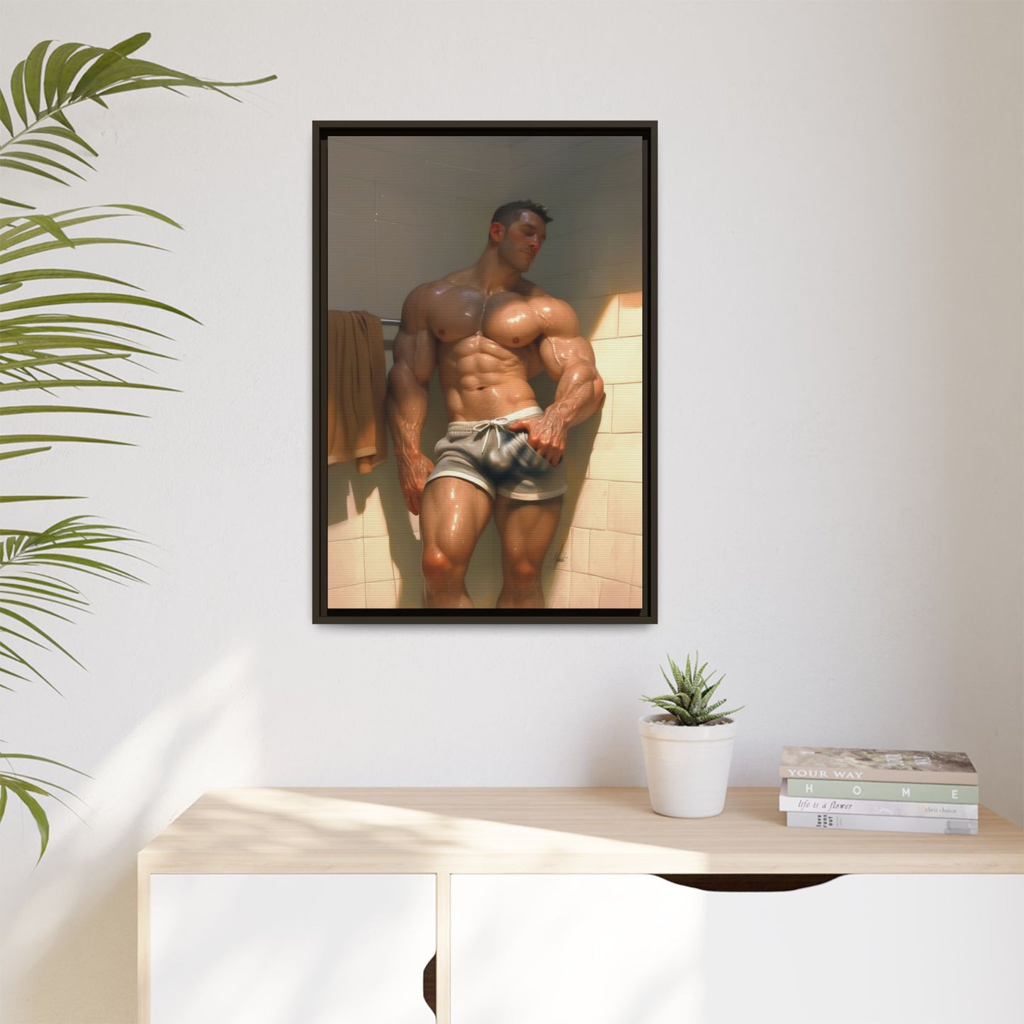 Before the Shower / Cartoon Muscle Man Framed Canvas Print