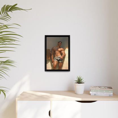 Before the Shower / Cartoon Muscle Man Framed Canvas Print