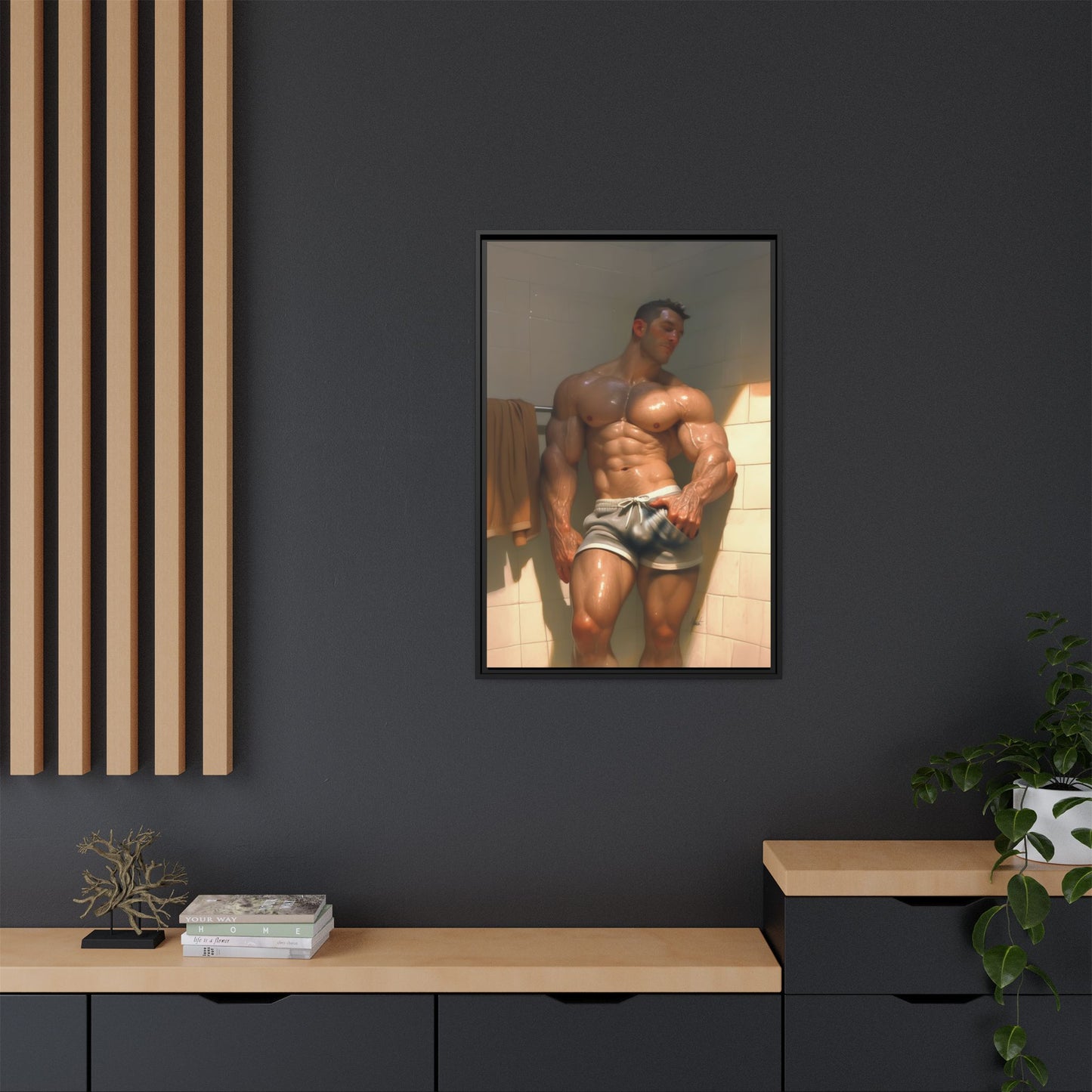 Before the Shower / Cartoon Muscle Man Framed Canvas Print